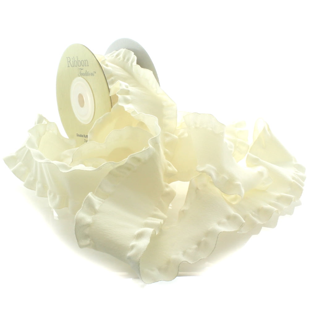 1.5" Satin Double Ruffle Ribbon 810 Ivory 25 Yard