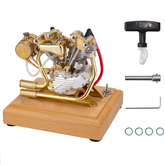 1/5 Scale 4.2CC Miniature V-Twin OHV Engine Model 4-Stroke Gasoline Motor with Air Cooling, Electronic Ignition, Wooden Base, Ready-to-Run for Display and CollectionSilver