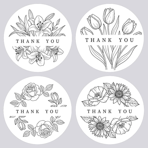 1.5" Thank You Stickers for Packaging, 200 count Thank You Labels | 4 Black & White Line Art Floral Designs, Small Business Stickers for Order Packaging, Bakery Boxes, and Wedding Favors