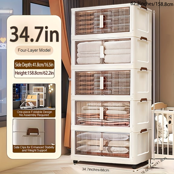 1-5 Tier Extra-Large Folding Storage Trunks with Lids - Stackable Plastic Bins on Wheels | Collapsible Organizer for Closet Bedroom Office Kitchen