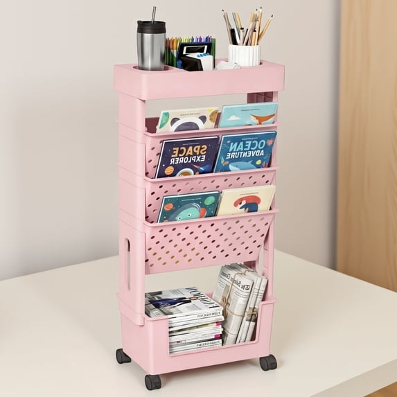 1 5-Tier Rolling Bookshelf with Wheels, Light Pink Magazine Rack Mobile ...
