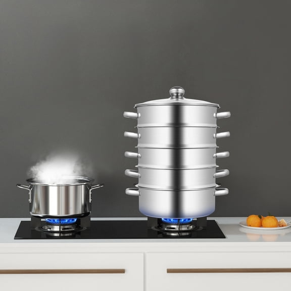 1*5-Tier Stainless Steel Steamer 5 Tiers Stainless Steel Steamer Meat Vegetable Cooking Steam Pot Kitchen Tool  Round-Shaped With lid