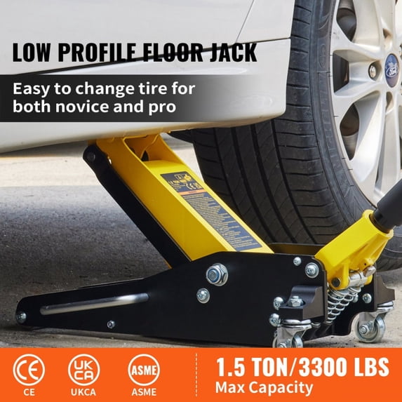 1.5 Ton Low Profile Aluminum Steel Racing Floor Jack Dual Pump Lift 3-3/20"-14-10/27" Lifting Range for Car Natural