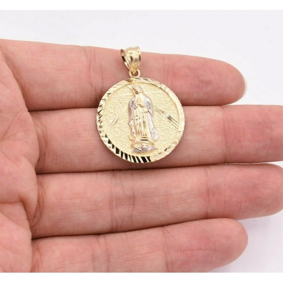 Diamond-Cut Virgin Mary Medallion Pendant Unisex Adult 10K Yellow White Gold 3.37 Gr, Goldum NYC