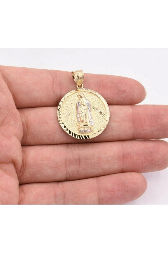 Diamond-Cut Virgin Mary Medallion Pendant Unisex Adult 10K Yellow White Gold 3.37 Gr, Goldum NYC