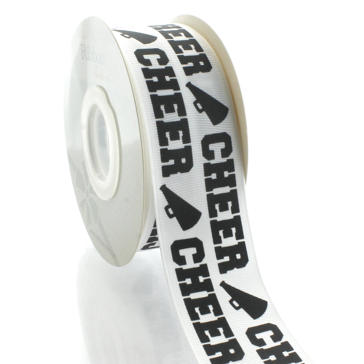 1.5" White/Black Cheer Text Grosgrain Ribbon 100 Yards