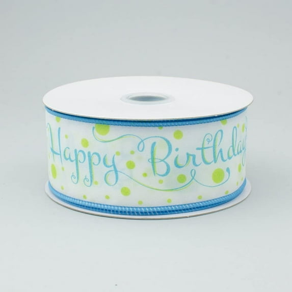 1.5" Wide Expressions Happy Birthday Satin Wired Ribbon White, Lime, Turquoise 10 Yards