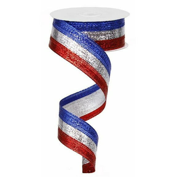 1.5" Wide Expressions Stripe Metallic Wired Ribbon Red, Silver, Royal Blue (10 Yards) Patriotic