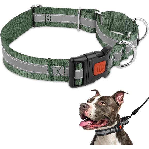 1.5" Wide Reflective Martingale Collar for Lar Dogs, Patented No Pull Heavy Duty Walking Training Dog Pitbulls rman Shepherds, with Buckle, 2 D-s, Adjustable (Green, L)
