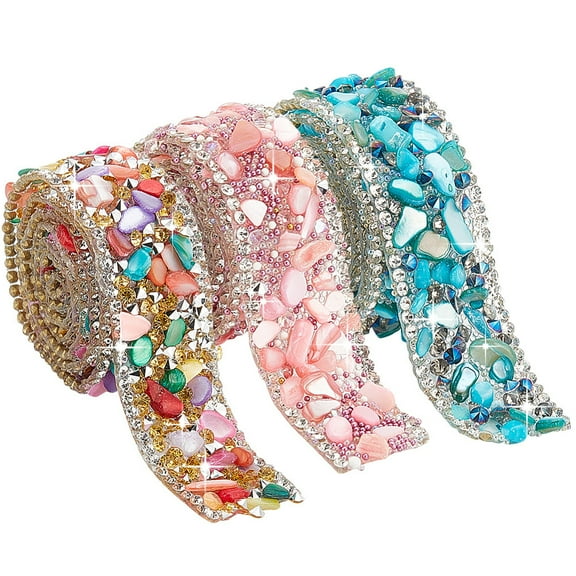 1.5 Yard 3 Colors Rhinestone Trim 2cm/0.7 Inch Hot Fix Ribbon Gem Stone Beaded Iron On Applique Embellishment Pink/Blue/Rainbow