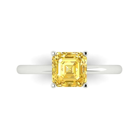 1.5 ct Asscher Cut Simulated Yellow Diamond Solitaire 18K White Gold Womens Engagement Ring