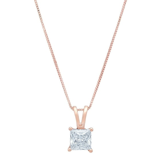 1.5 ct Brilliant Princess Cut Solitaire Natural Swiss Blue Topaz 14k Rose Gold Pendant with 18" Chain