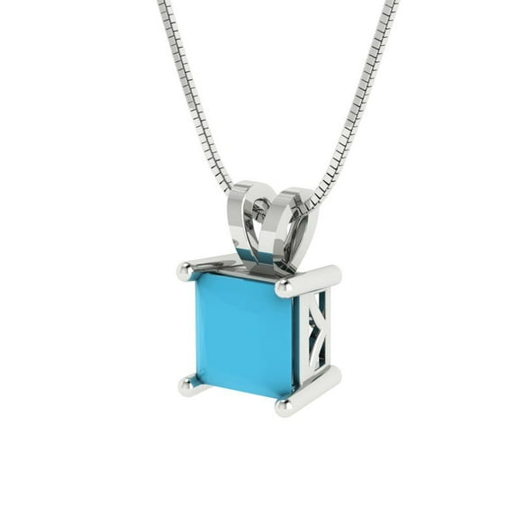 1.5 ct Brilliant Princess Cut Solitaire Turquoise 18K White Solid Gold Everyday Affordable Designer Necklace Pendant with 18" Chain