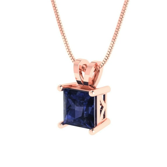 1.5 cctw Blue Sapphire Rose Gold Plated Pendant with 18" Box Chain (6.5mm, Princess Cut)