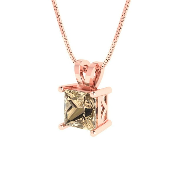 1.5 ct Brilliant Princess Cut Solitaire VVS1 Genuine Yellow Moissanite Solid 14k Pink Rose Solid Gold Everyday Affordable Designer Necklace Pendant with 16" Solid Gold Chain by Clara Pucci