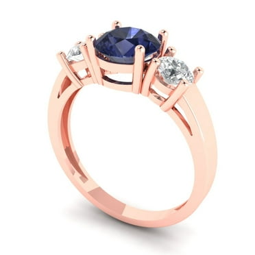 1.5 ct Brilliant Round Cut VVS1 Blue Sapphire 14k Rose Solid Gold Solitaire with Accents Three-Stone Wedding Bridal Anniversary Engagement Ring size 4.5