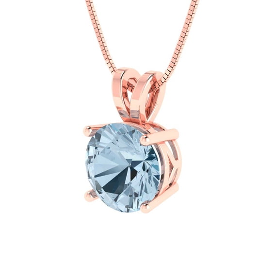 1.5 ct Brilliant Round Cut Solitaire VVS1 Genuine Blue Zircon Solid 14k Pink Rose Solid Gold Everyday Affordable Designer Necklace Pendant with 18" Solid Gold Chain by Clara Pucci