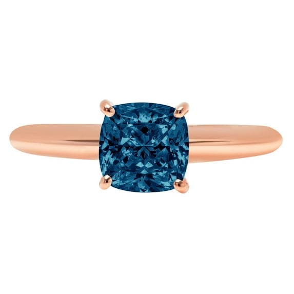 1.5 ct Cushion Cut Natural London Blue Topaz Solitaire 14K Rose Gold Womens Engagement Ring
