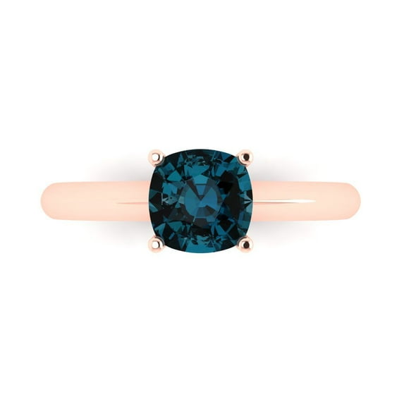 1.5 ct Cushion Cut Natural London Blue Topaz Solitaire 18K Rose Gold Womens Engagement Ring