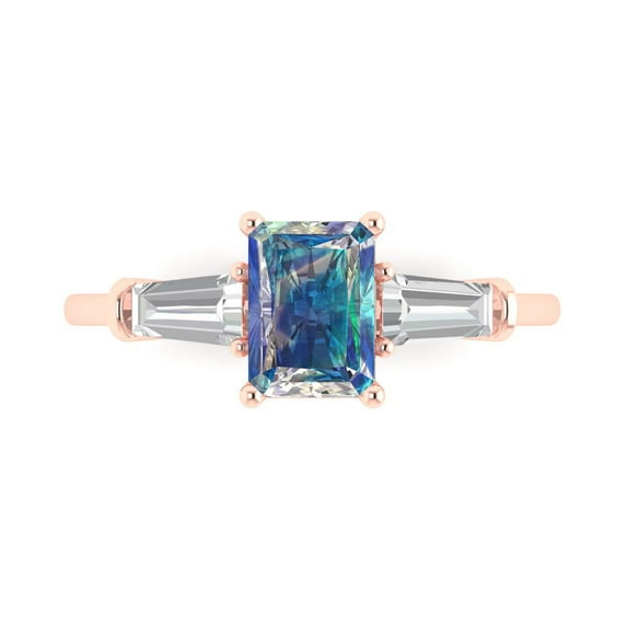 1.5 ctw 3 Stone Anniversary Ring for Women | Emerald Cut Blue Moissanite | Hyperallergenic Solid 14K Rose Gold