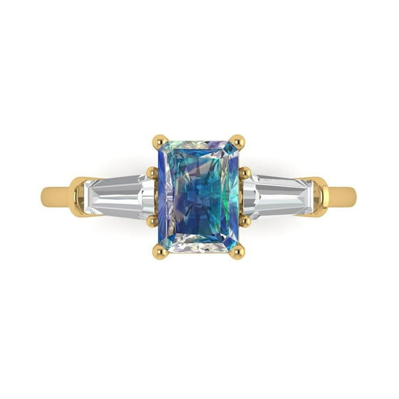 1.5 ctw 3 Stone Anniversary Ring for Women | Emerald Cut Blue Moissanite | Hyperallergenic Solid 18K Yellow Gold