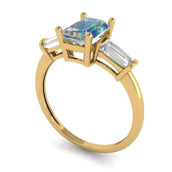 1.5 ct Emerald Cut Blue Moissanite Three-Stone Engagement Ring for Women in 14K Yellow Gold