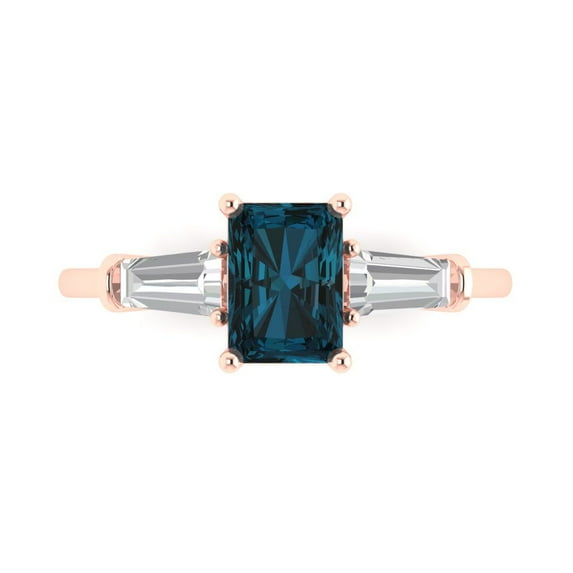 1.5 ctw 3 Stone Anniversary Ring for Women | Emerald Cut Natural London Blue Topaz | Hyperallergenic Solid 14K Rose Gold