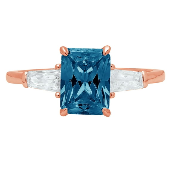 1.5 ct Emerald Cut Natural London Blue Topaz 3 Stone 18K Rose Gold Womens Engagement Ring