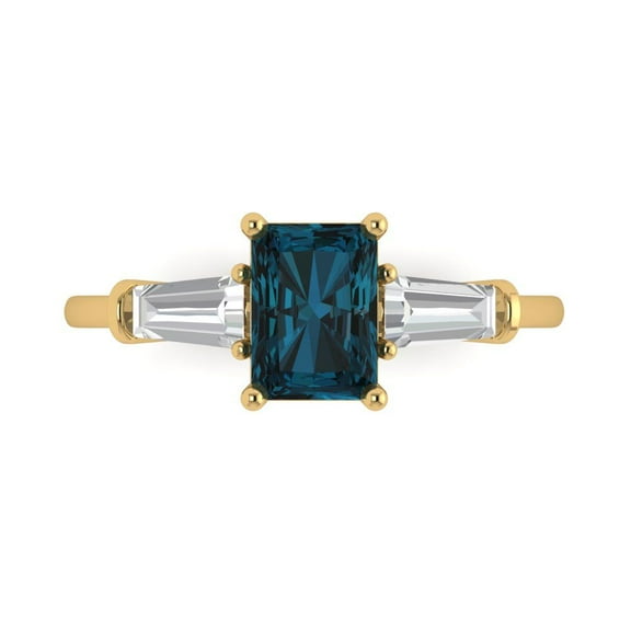 1.5 ct Emerald Cut Natural London Blue Topaz Three-Stone Engagement Ring for Women in 14K Yellow Gold