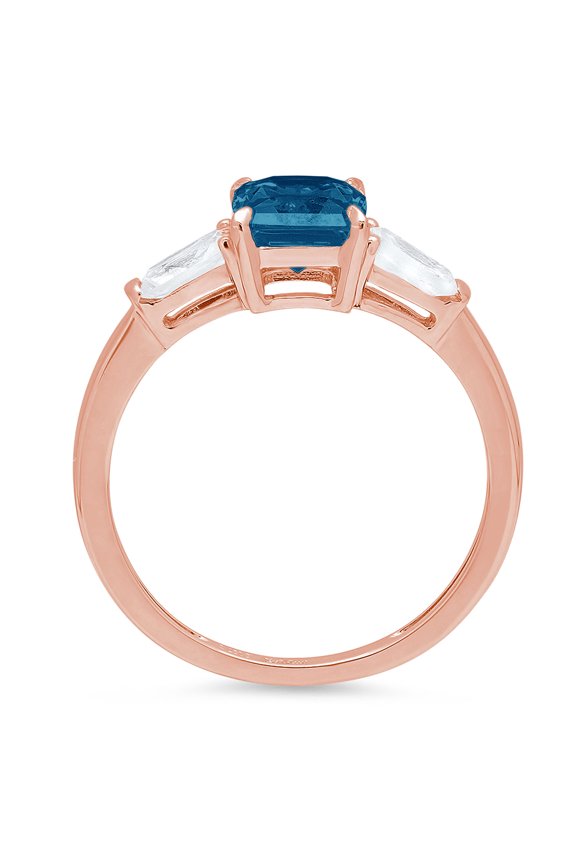 1.5 ct Emerald Cut Natural London Blue Topaz Three-Stone Engagement Ring for Women in 18K Rose Gold