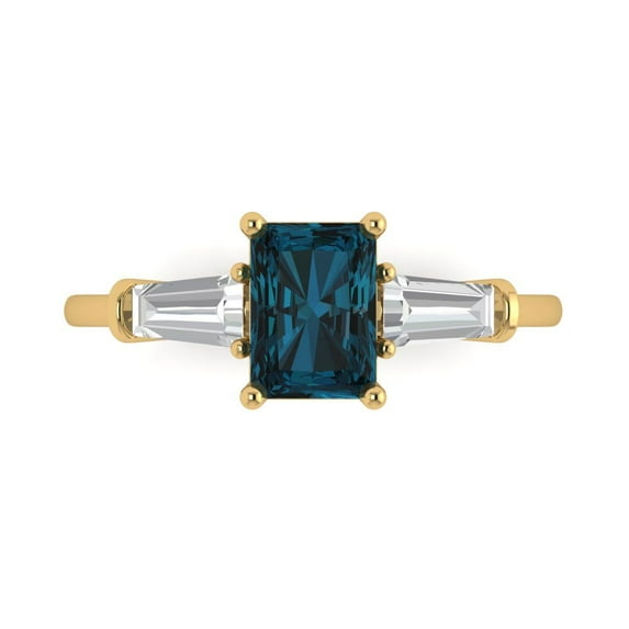 1.5 ct Emerald Cut Natural London Blue Topaz Three-Stone Engagement Ring for Women in 18K Yellow Gold