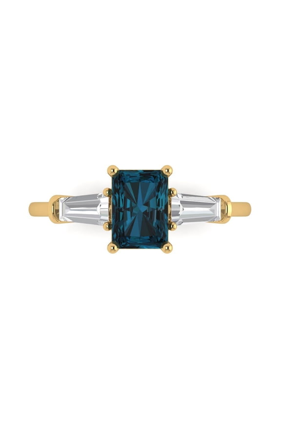 1.5 ct Emerald Cut Natural London Blue Topaz Three-Stone Engagement Ring for Women in 18K Yellow Gold