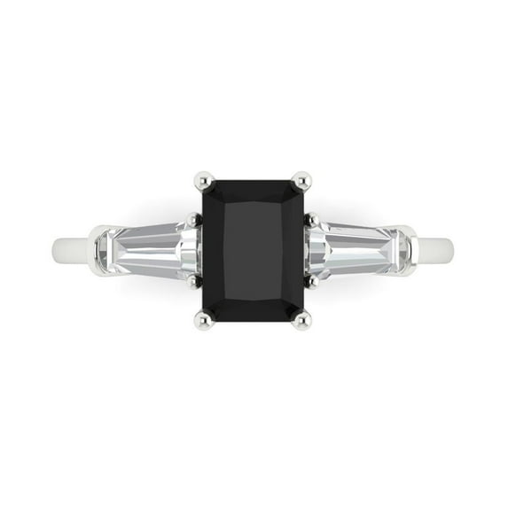 1.5 ct Emerald Cut Natural Onyx Three-Stone Engagement Ring for Women in 18K White Gold