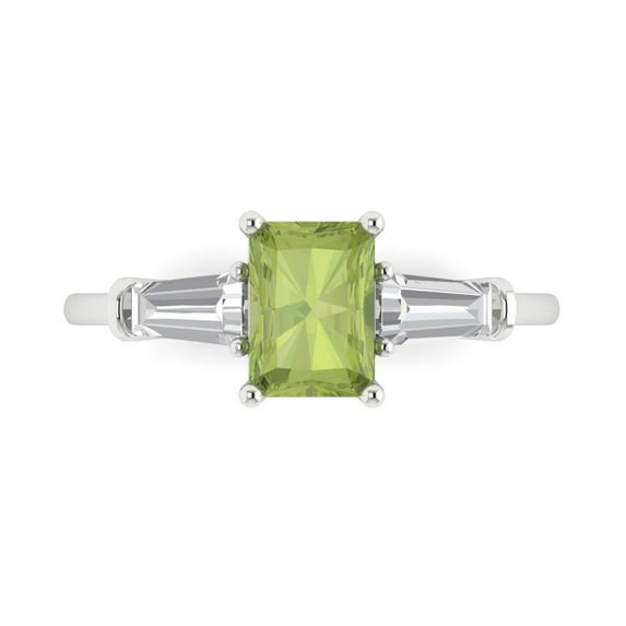 1.5 ct Emerald Cut Natural Peridot 3 Stone 14K White Gold Womens Engagement Ring
