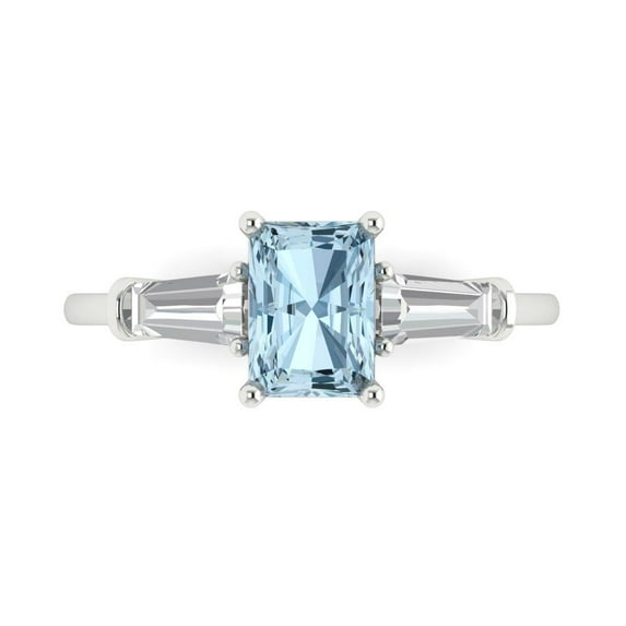 1.5 ct Emerald Cut Natural Swiss Blue Topaz 3 Stone 18K White Gold Womens Engagement Ring