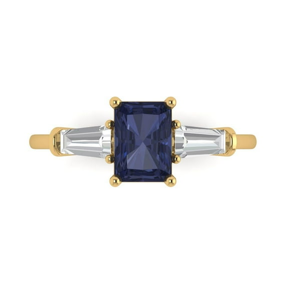 1.5 ctw 3 Stone Anniversary Ring for Women | Emerald Cut Simulated Blue Sapphire | Hyperallergenic Solid 18K Yellow Gold