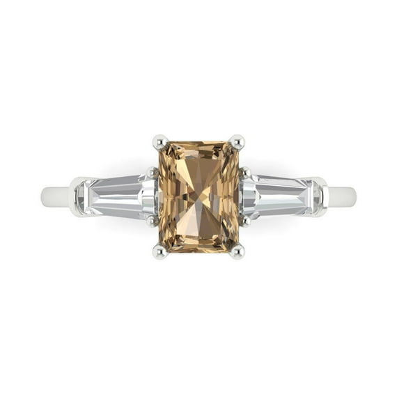 Clara Pucci 14K White Gold Solid Gold Champagne Three-Stone Anniversary Ring for Women - 1.5 cttw Emerald Cut