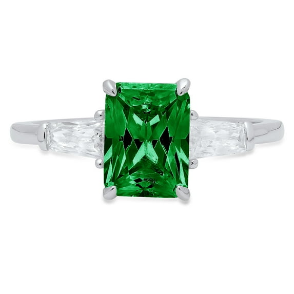 1.5 ct Emerald Cut Simulated Emerald 3 Stone 18K White Gold Womens Engagement Ring