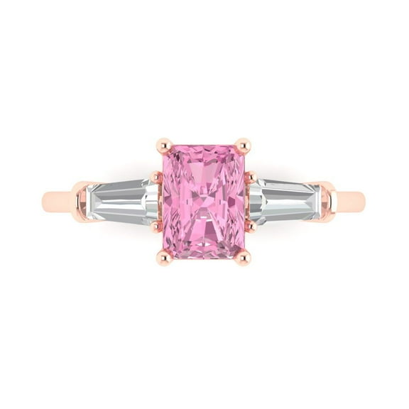 1.5 ct Emerald Cut Simulated Pink Diamond 3 Stone 14K Rose Gold Womens Engagement Ring
