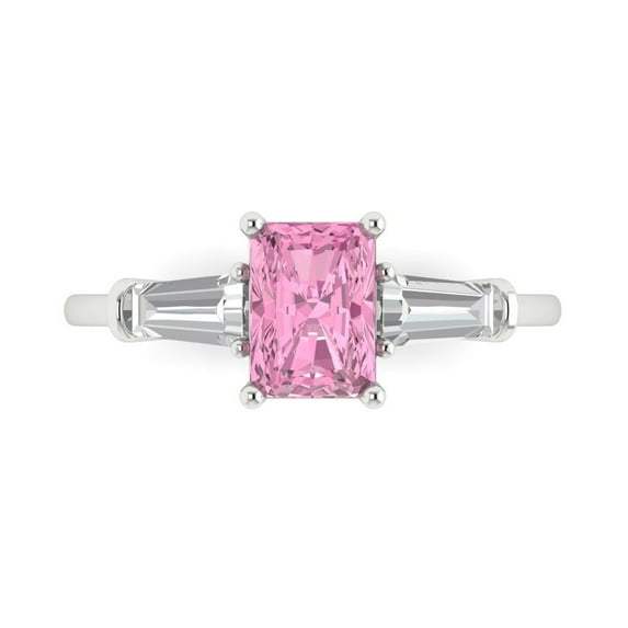 1.5 ctw 3 Stone Anniversary Ring for Women | Emerald Cut Simulated Pink Diamond | Hyperallergenic Solid 18K White Gold