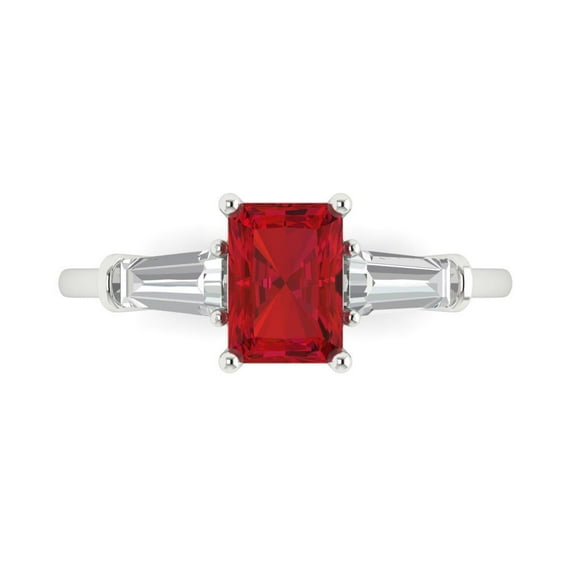 1.5 ct Emerald Cut Simulated Ruby Three-Stone Engagement Ring for Women in 18K White Gold