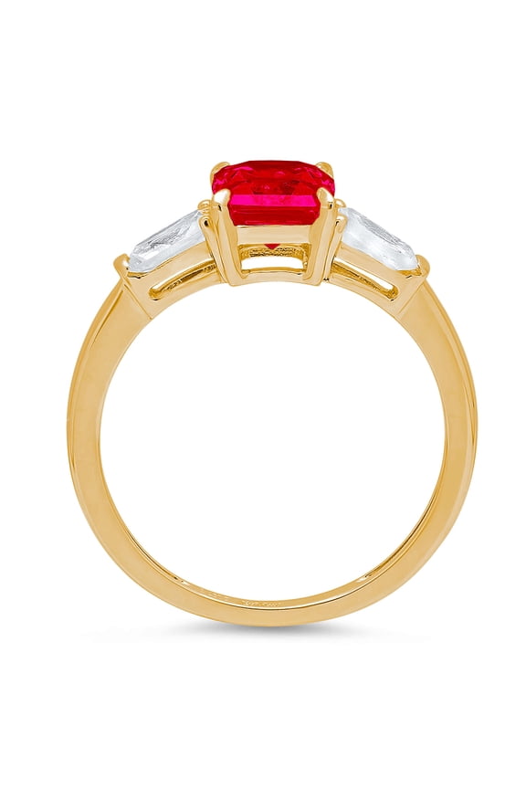 1.5 ct Emerald Cut Simulated Ruby Three-Stone Engagement Ring for Women in 18K Yellow Gold