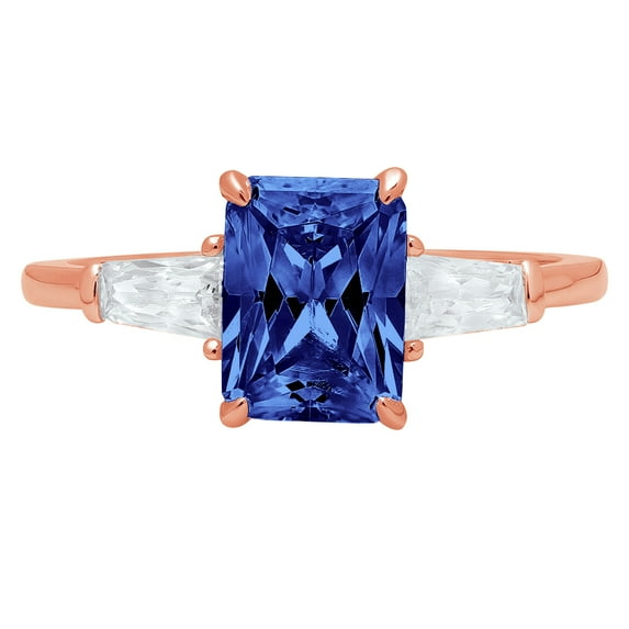 1.5 ct Emerald Cut Simulated Tanzanite 3 Stone 14K Rose Gold Womens Engagement Ring