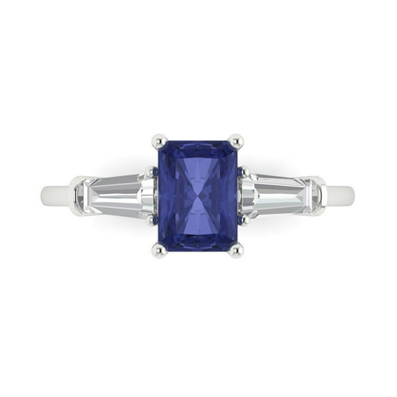 Clara Pucci 14K White Gold Solid Gold Tanzanite Three-Stone Anniversary Ring for Women - 1.5 cttw Emerald Cut