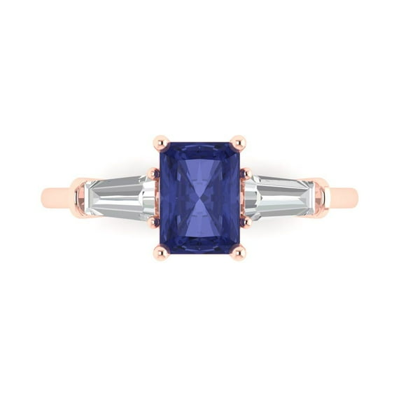 1.5 ct Emerald Cut Simulated Tanzanite 3 Stone 18K Rose Gold Womens Engagement Ring