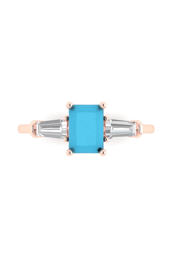 1.5 ct Emerald Cut Simulated Turquoise Three-Stone Engagement Ring for Women in 14K Rose Gold