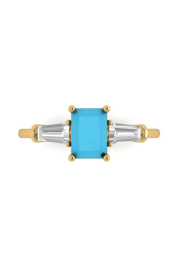 1.5 ct Emerald Cut Simulated Turquoise Three-Stone Engagement Ring for Women in 14K Yellow Gold