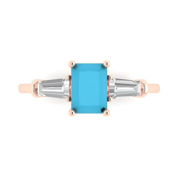 1.5 ct Emerald Cut Simulated Turquoise Three-Stone Engagement Ring for Women in 18K Rose Gold