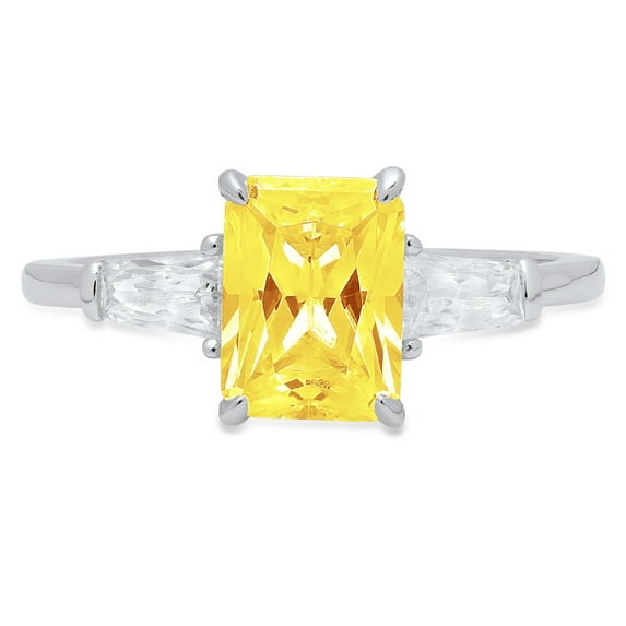 1.5 ct Emerald Cut Simulated Yellow Diamond 3 Stone 18K White Gold Womens Engagement Ring