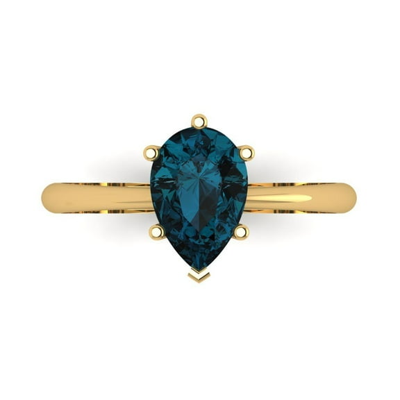 1.5 ct Pear Cut Natural London Blue Topaz Solitaire 18K Yellow Gold Womens Engagement Ring